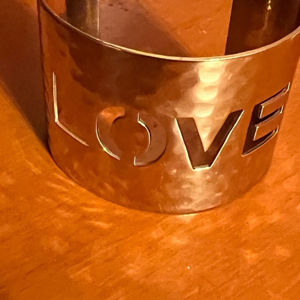 Rustic Cuff brass design carved word “LOVE” Medium heavy weight. Beautiful!